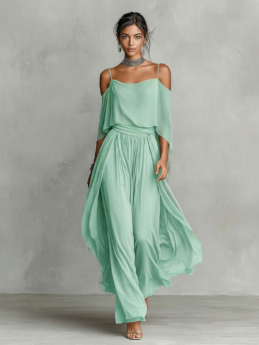 סט chiffon אפור לנשים עם פרטי כתף קרה וסילואט מתרחב, סט סגנון נשי-מודרני יוקרתי MDZ2651B6I