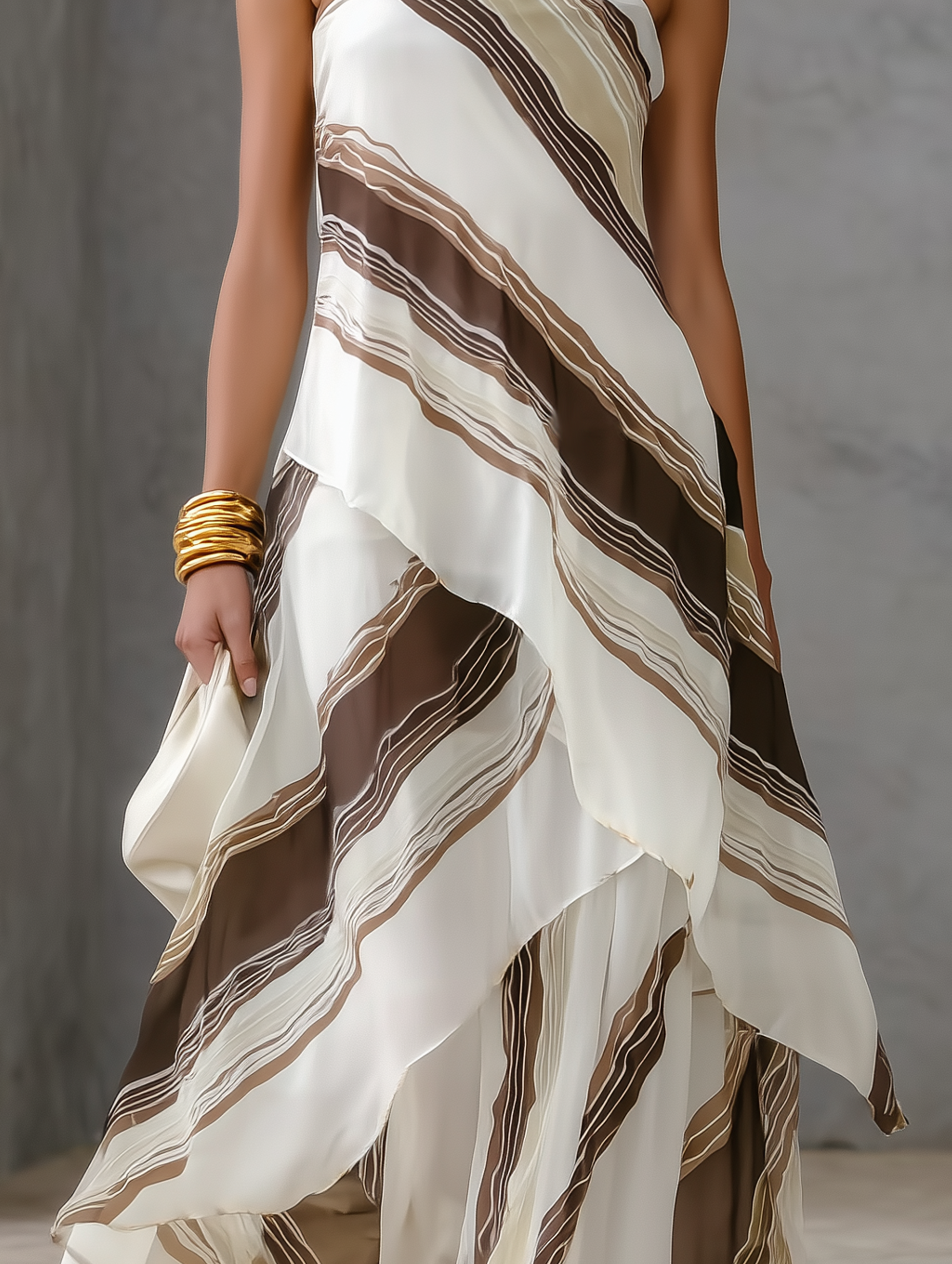 שמלות מקסי לנשים בצבעים לבן וחום עם פסים, ללא רצועות וללא שרוולים MDZ2046E1LXY