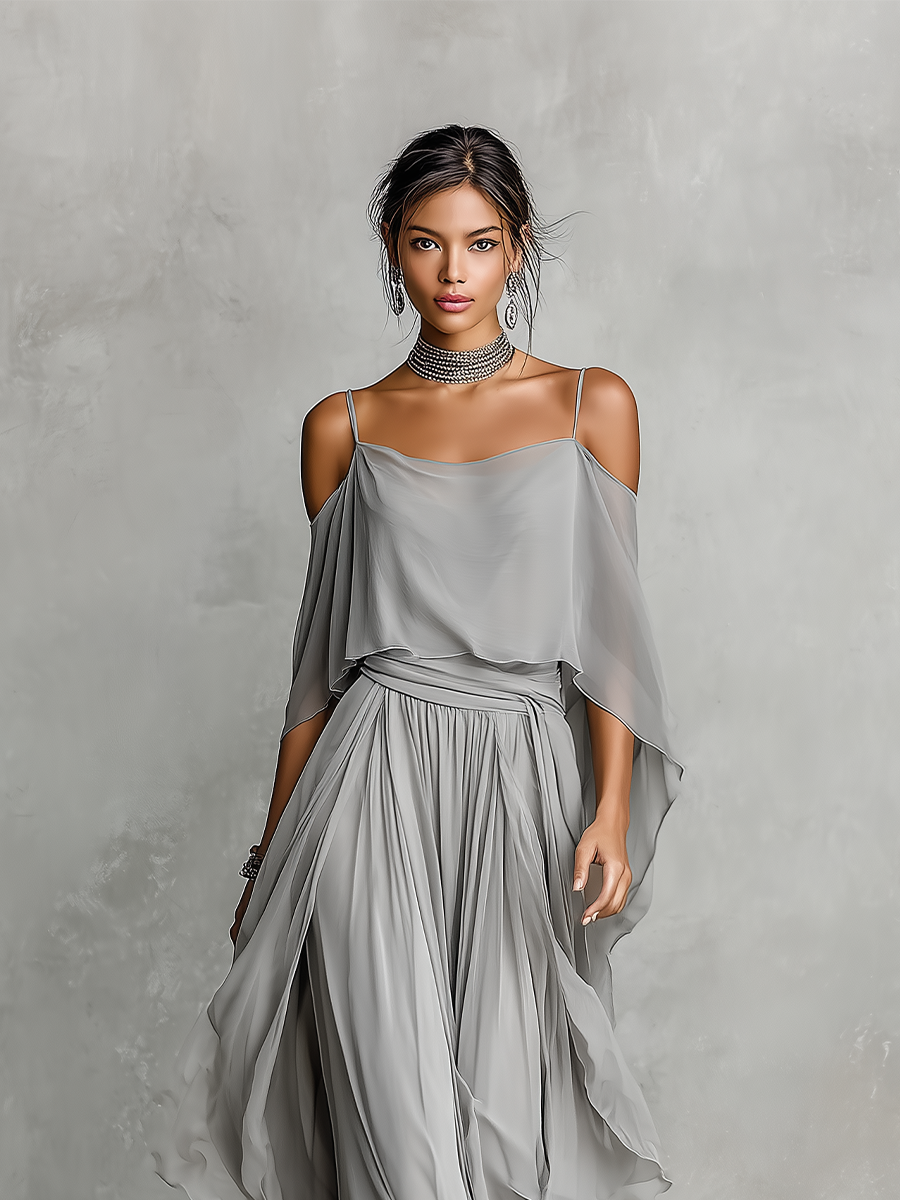 סט chiffon אפור לנשים עם פרטי כתף קרה וסילואט מתרחב, סט סגנון נשי-מודרני יוקרתי MDZ2651B6I