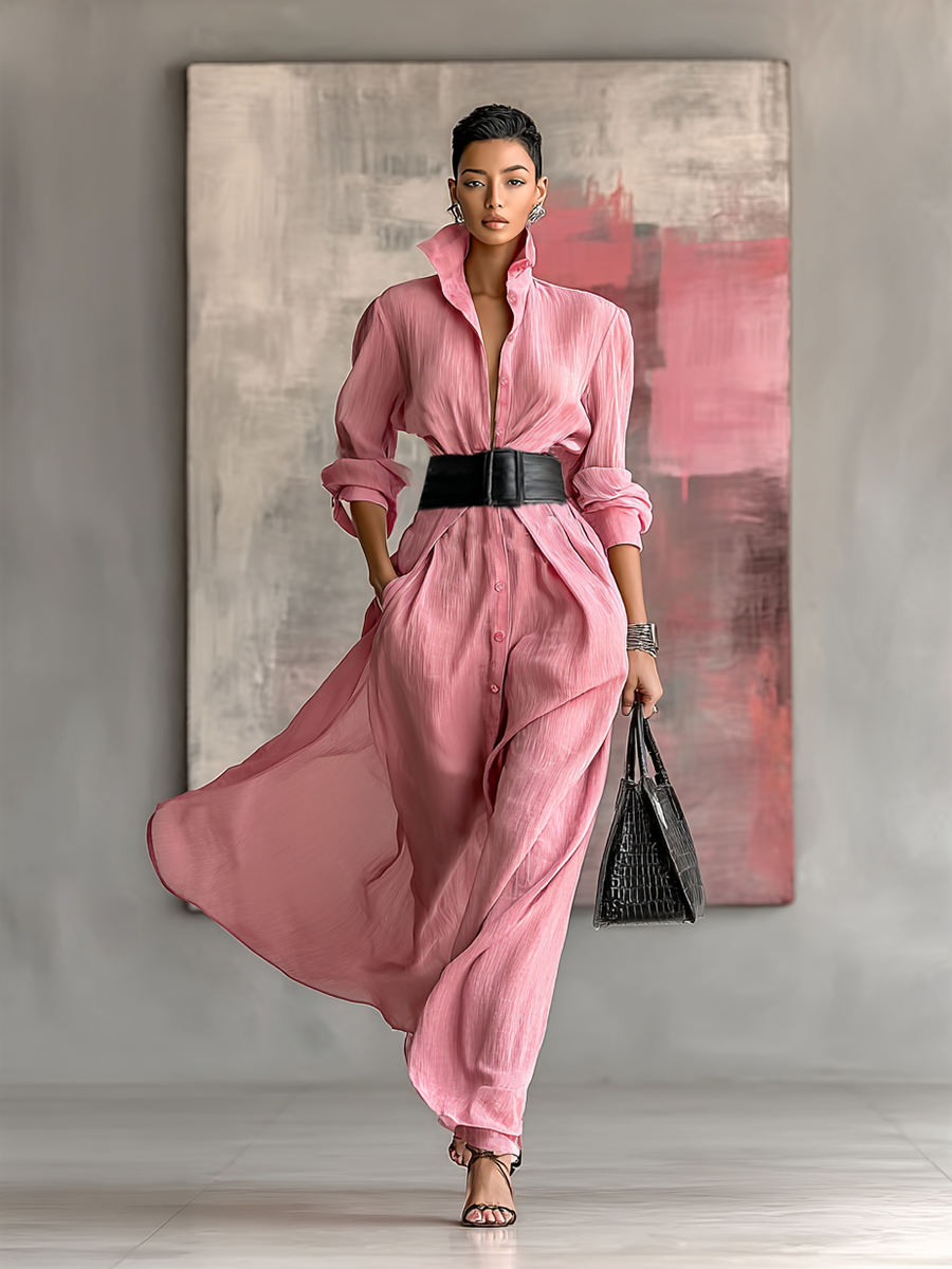שמלות מקסי עם צווארון ושרוולים ארוכים לנשים בצבע אחיד MDA0917G0Y
