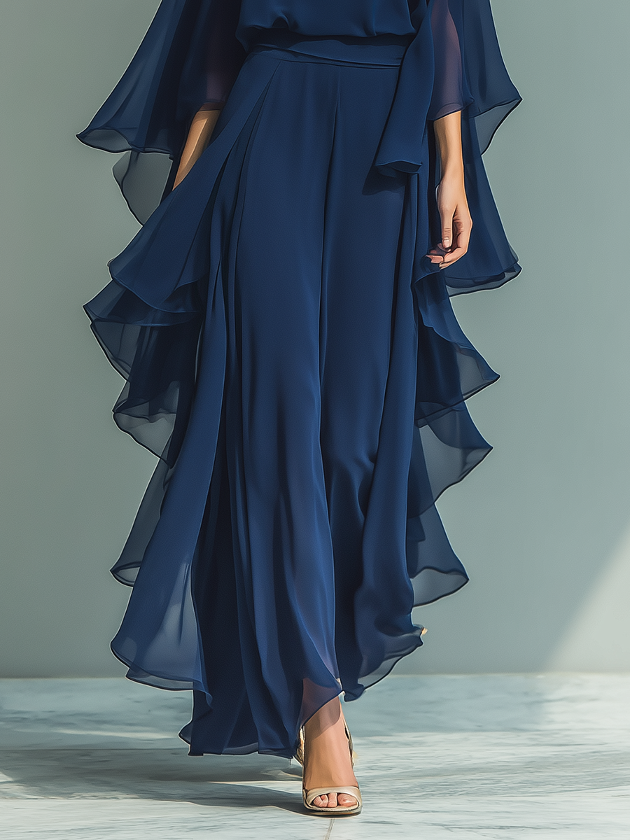 חולצת שיפון נשים בצבע כחול Navy עם שרוולים מתרחבים ומכנסיים ישרים עם פרטים מקופלים MDZ2218A5T