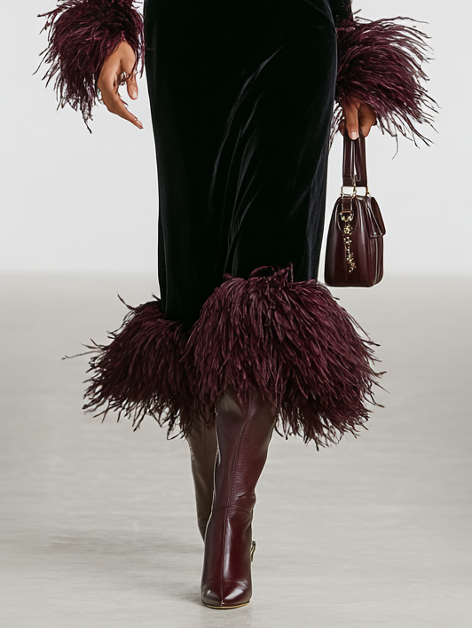 שמלת מקסי לנשים עם פאטצ'וורק קטיפה מינימליסטי ושרוולים ושולי נוצות אוסטריץ' מזויפות MDA1174J9Y