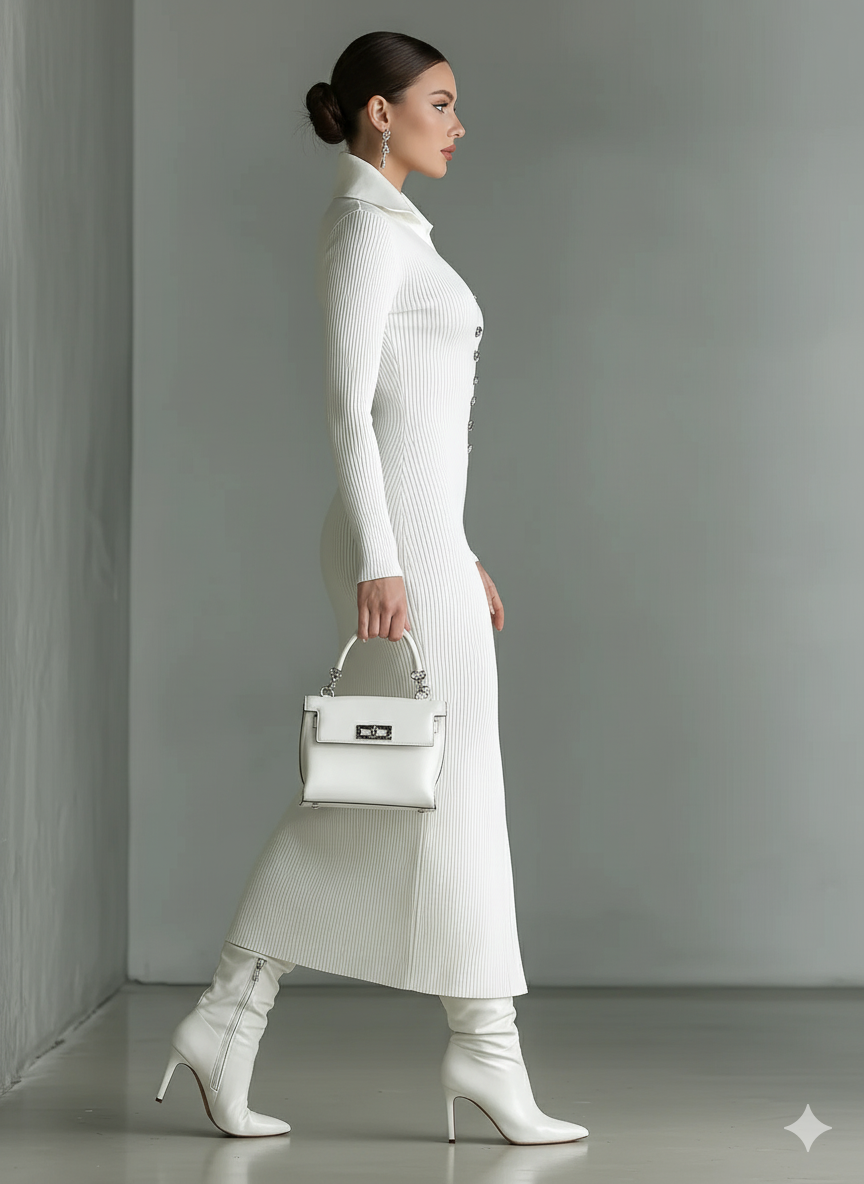 שמלת מידי סלים עם צווארון פולו לנשים בצבע לבן MDA1329J8T