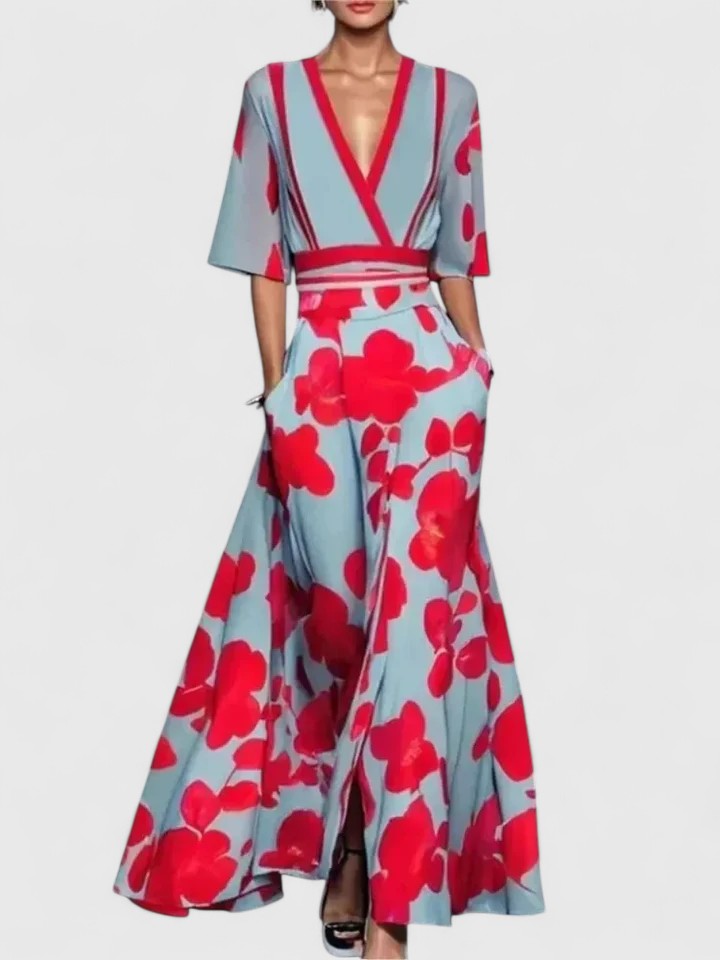 הנרייט | שמלת מקסי פרחונית עם צווארון V וכיסים לנשים