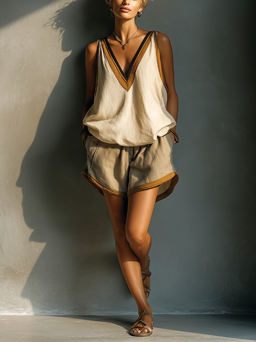 סט שני חלקים טנק טופ עם צוואר V וחצאית חאקי לנשים בצבע בז' MDZ2086C2T