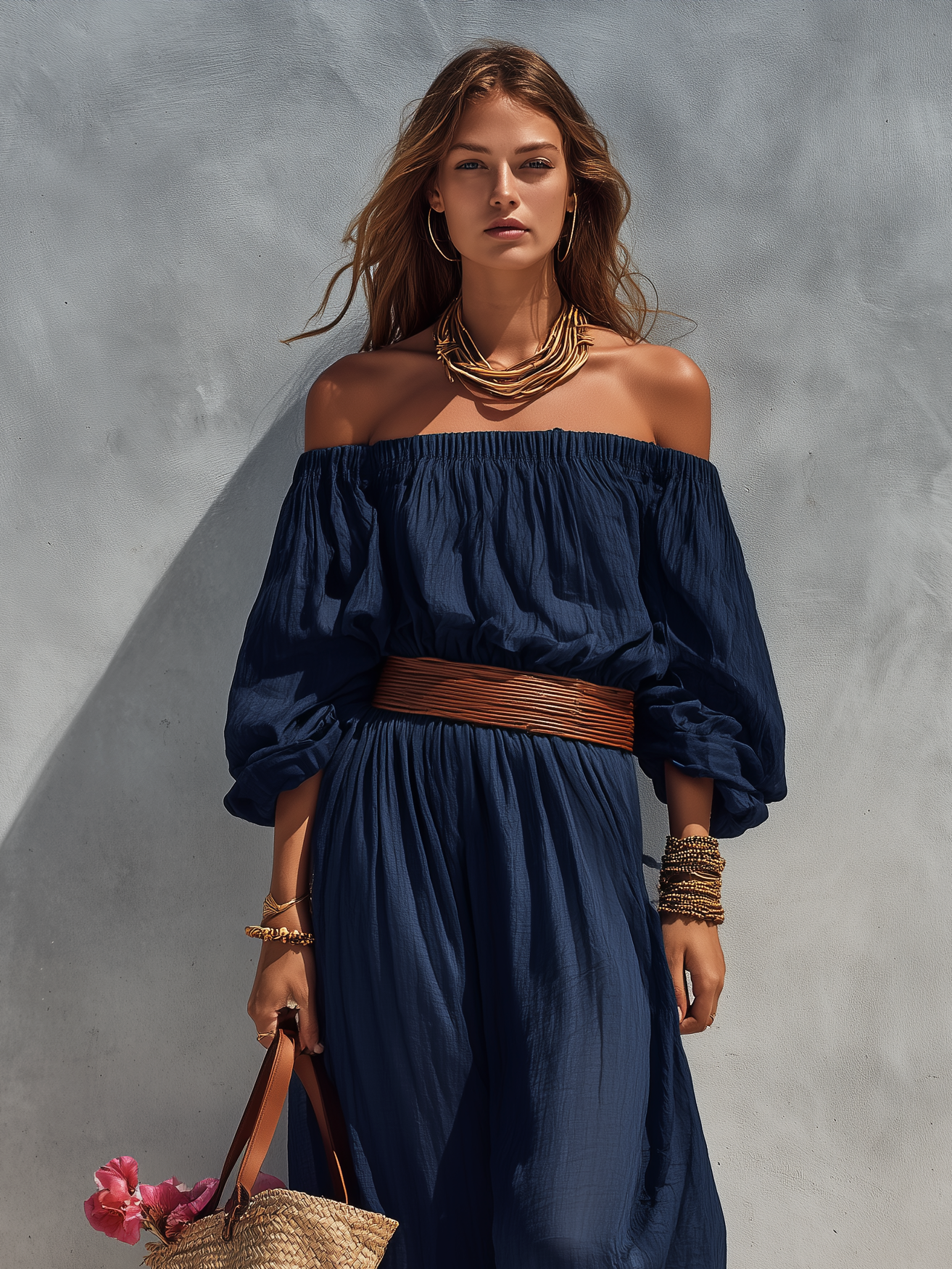 שמלת קיץ נשים בצבע כחול כהה מבד כותנה ולינן ללא רצועות עם שרוולים ארוכים (חגורה לא כלולה) MDZ1281C1AN