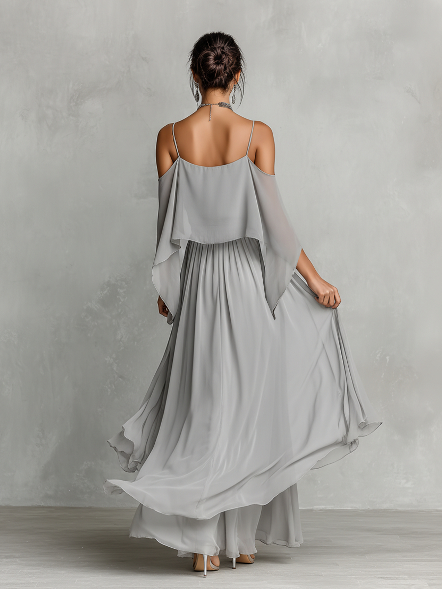 סט chiffon אפור לנשים עם פרטי כתף קרה וסילואט מתרחב, סט סגנון נשי-מודרני יוקרתי MDZ2651B6I